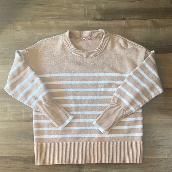 Philosophy Sweaters - Flawed- Free - Philosophy Soft Beige and White Striped Crewneck Sweater